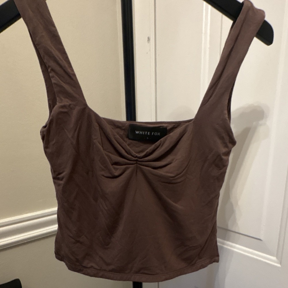 WHITE FOX Brown Ruched Cropped Tank Square Neck Sleeveless Cotton Top Small